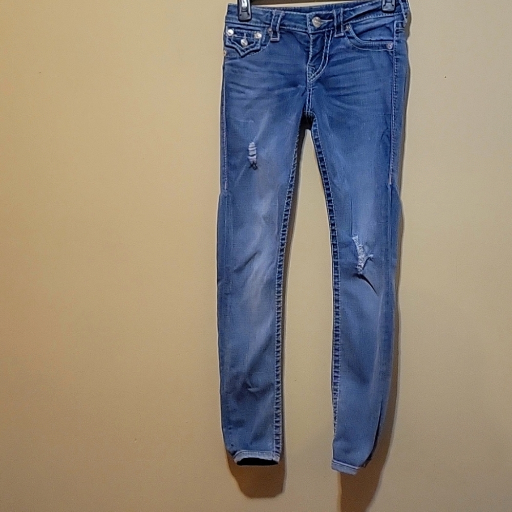 AUTHENTIC TRUE RELIGION SUPER SKINNY DISTRESS JEANS WITH PINK/WHITE STICH-24X31